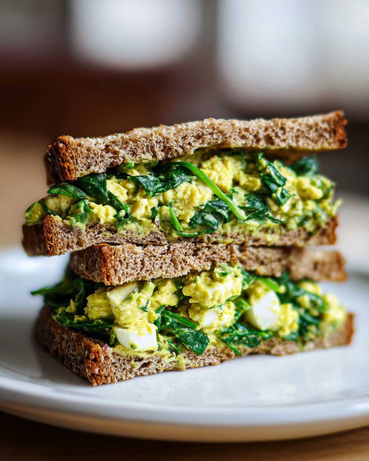 A tall, stacked Avocado Egg Salad Sandwich made with whole wheat bread and filled with green avocado dressing, chopped eggs, and spinach.