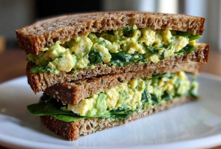 A stacked half of an Avocado Egg Salad Sandwich made with whole wheat bread and fresh spinach.