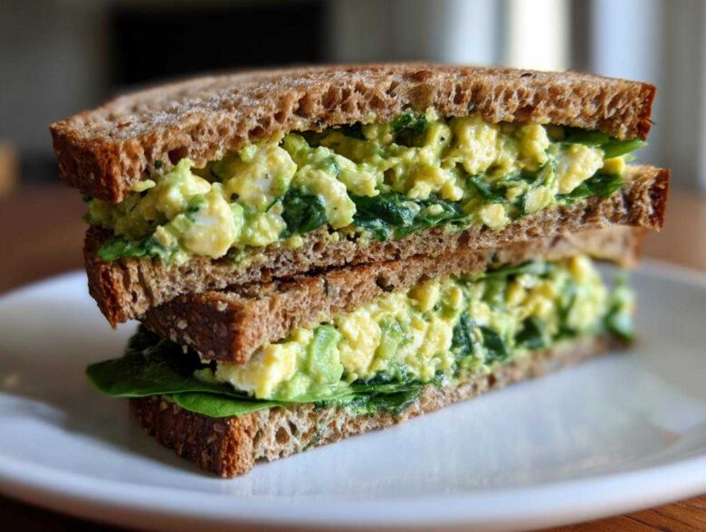 A stacked half of an Avocado Egg Salad Sandwich made with whole wheat bread and fresh spinach.