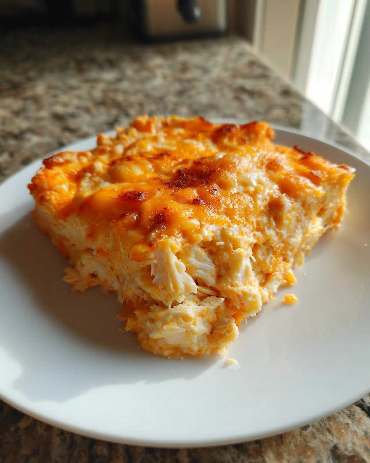A square serving of creamy Baked Buffalo Chicken Dip, topped with bubbly, browned cheddar cheese, served on a white plate.