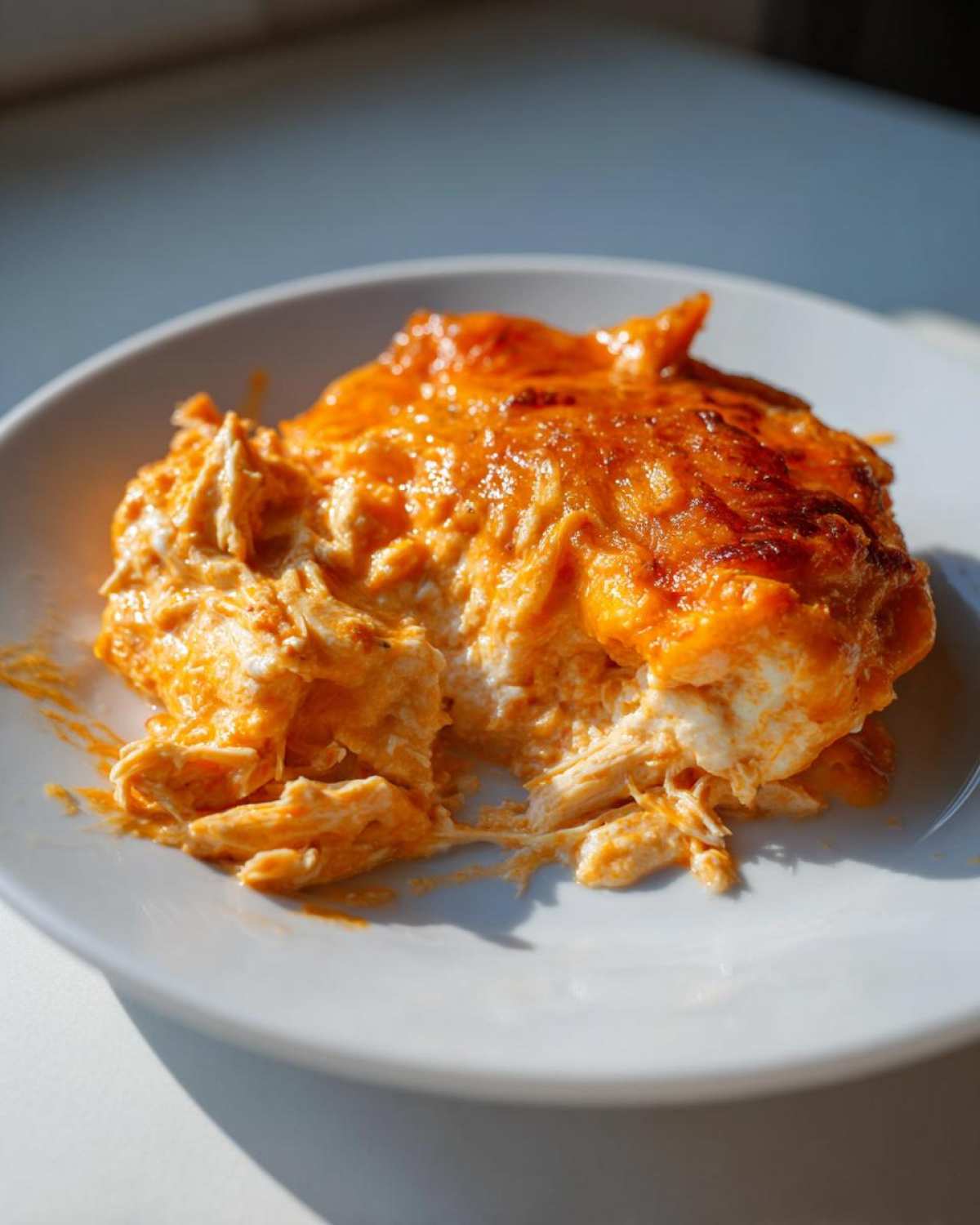 A scoop of creamy, cheesy Baked Buffalo Chicken Dip with shredded chicken, served on a white plate.