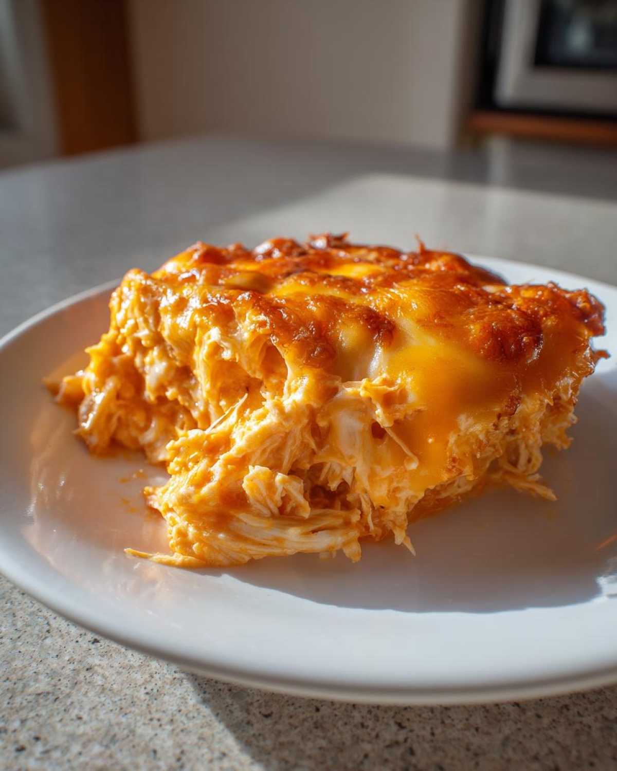 A generous serving of Baked Buffalo Chicken Dip, showing shredded chicken mixed with sauce and topped with bubbly, melted orange cheese.