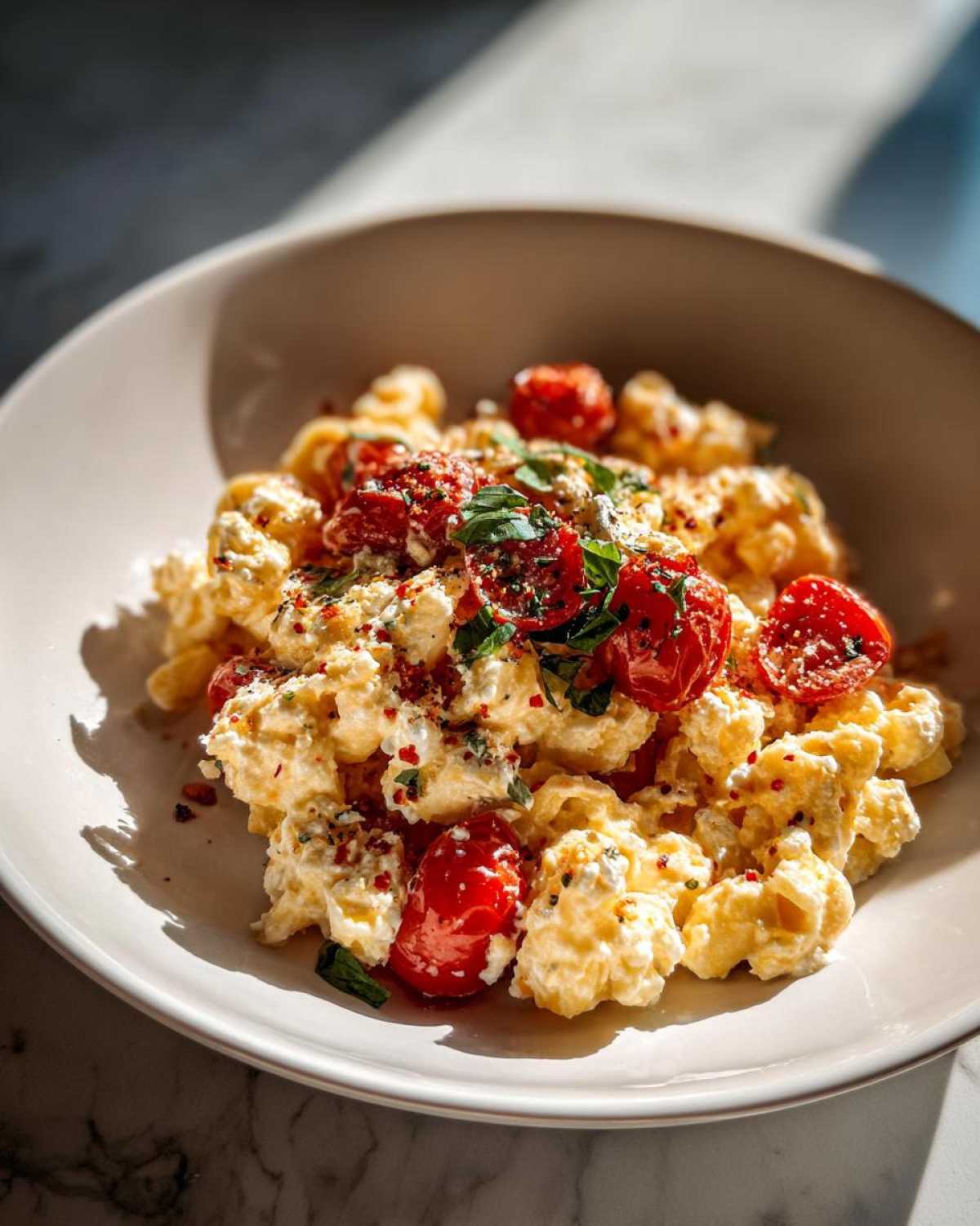 A close-up of creamy Baked Feta Pasta with cherry tomatoes, herbs, and spices in a white bowl.