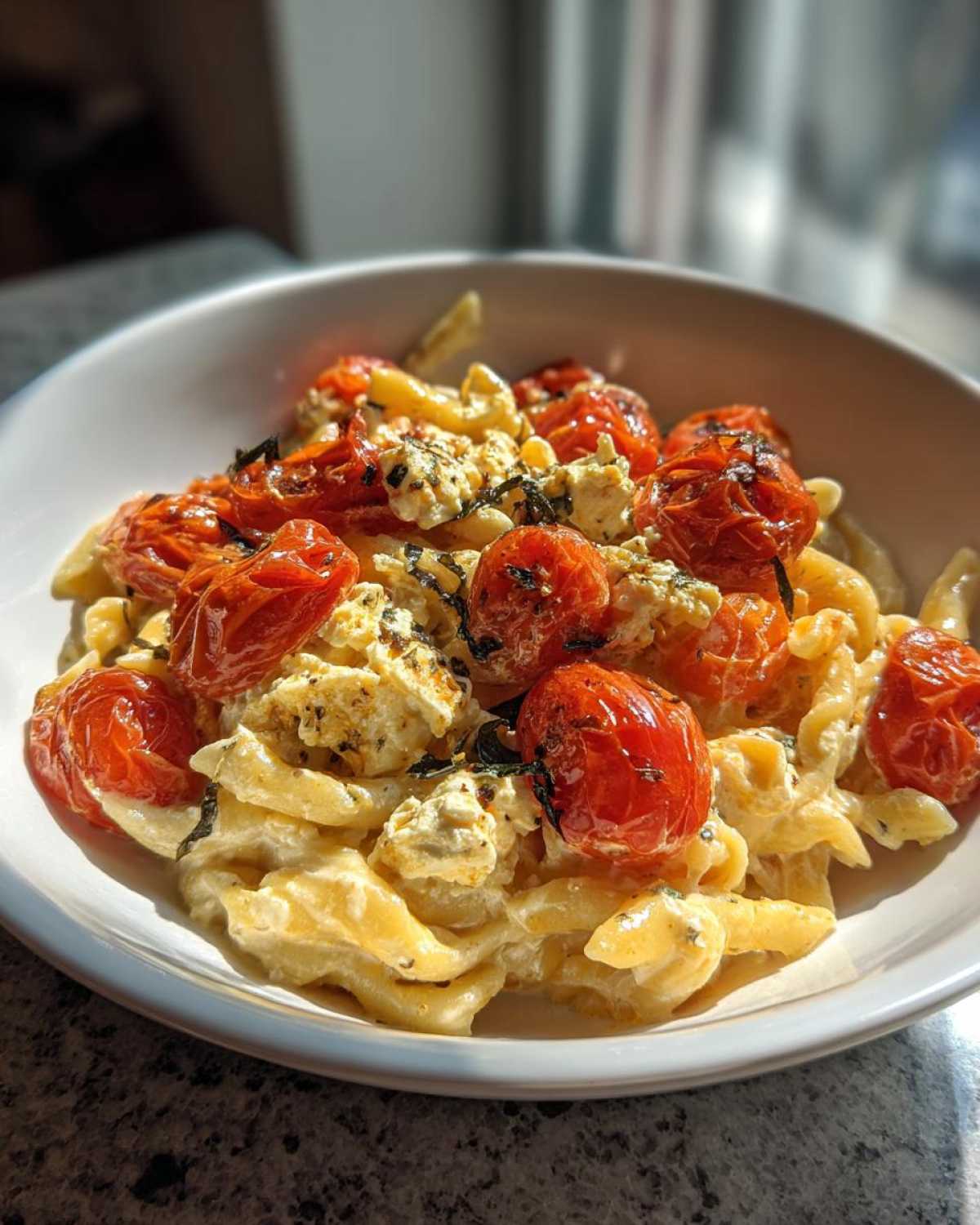 A close-up of creamy pasta mixed with roasted cherry tomatoes and crumbled feta in a white bowl, showing the Baked Feta Pasta with Cherry Tomatoes.