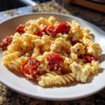 A serving of creamy Baked Feta Pasta with Cherry Tomatoes mixed with fusilli pasta on a white plate.