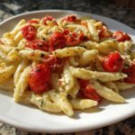A serving of creamy Baked Feta Pasta with Cherry Tomatoes mixed with penne pasta on a white plate.