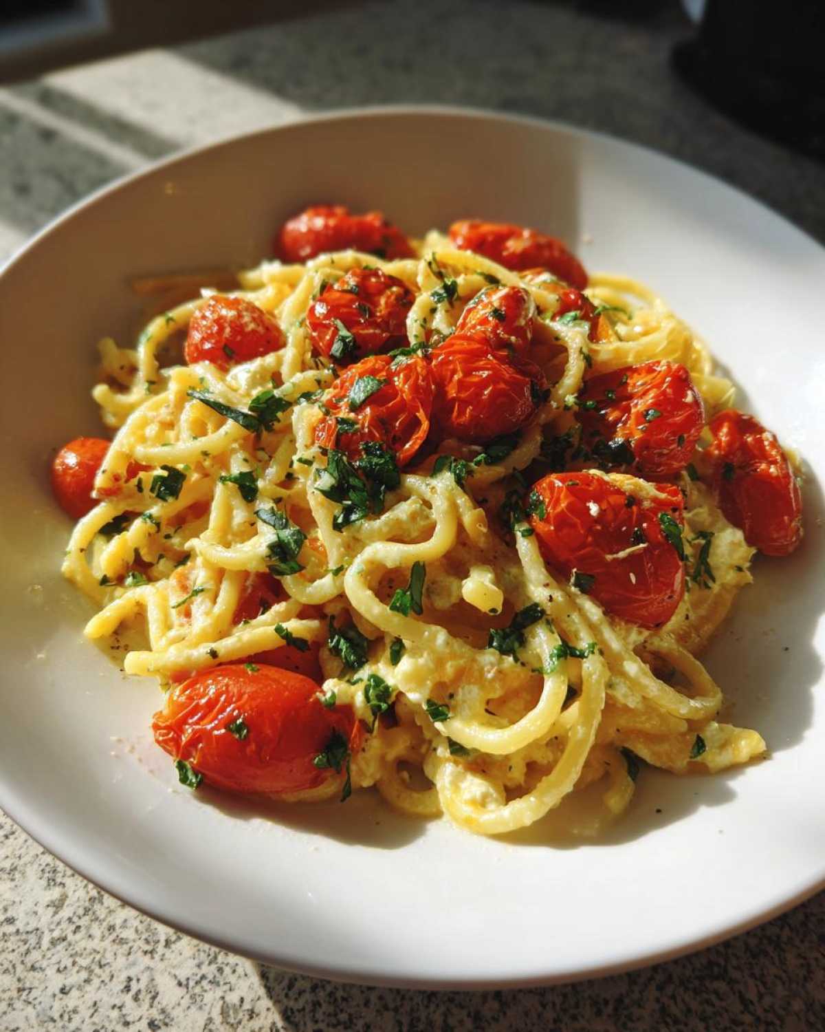 A close-up of creamy Baked Feta Pasta with Cherry Tomatoes and fresh parsley garnish.