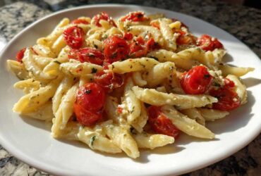 A serving of creamy Baked Feta Pasta with Cherry Tomatoes mixed with penne pasta on a white plate.