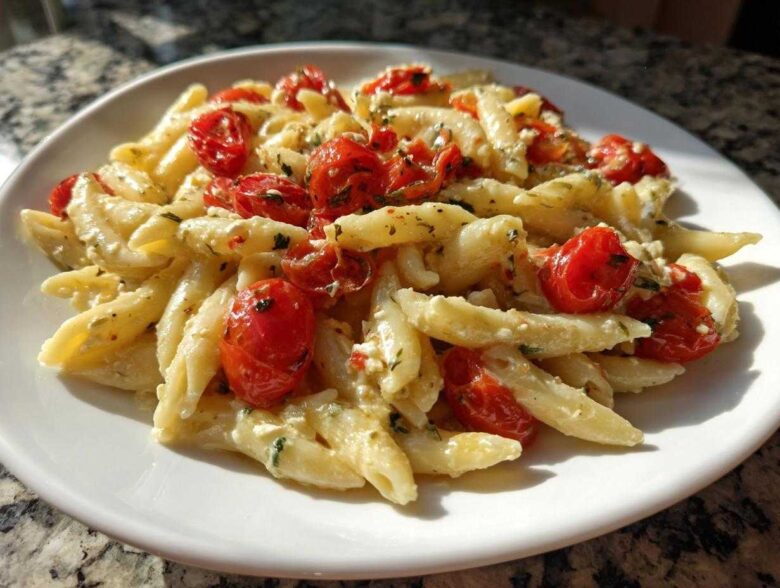 A serving of creamy Baked Feta Pasta with Cherry Tomatoes mixed with penne pasta on a white plate.