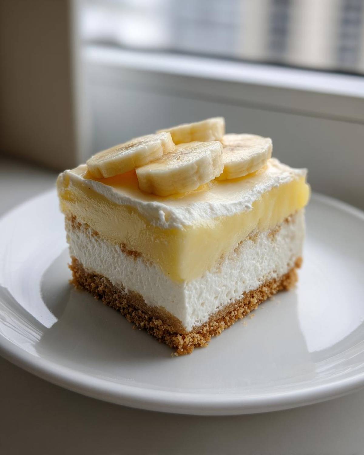 A perfect square slice of Banana Pudding Cheesecake Bars with a graham cracker crust, creamy white layer, yellow pudding, and fresh banana slices.