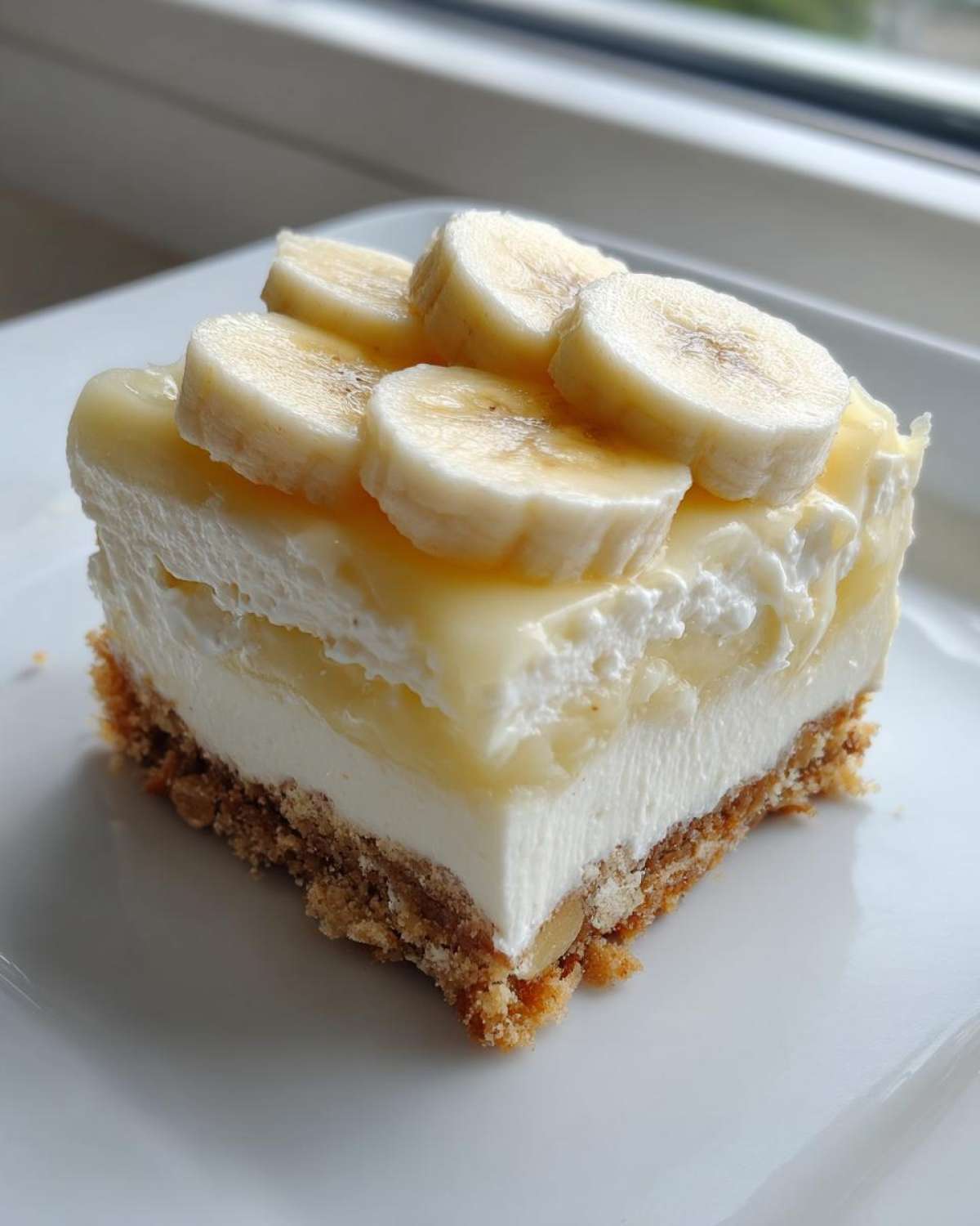 A single serving of Banana Pudding Cheesecake Bars with a graham cracker crust, cream cheese layer, and banana topping.