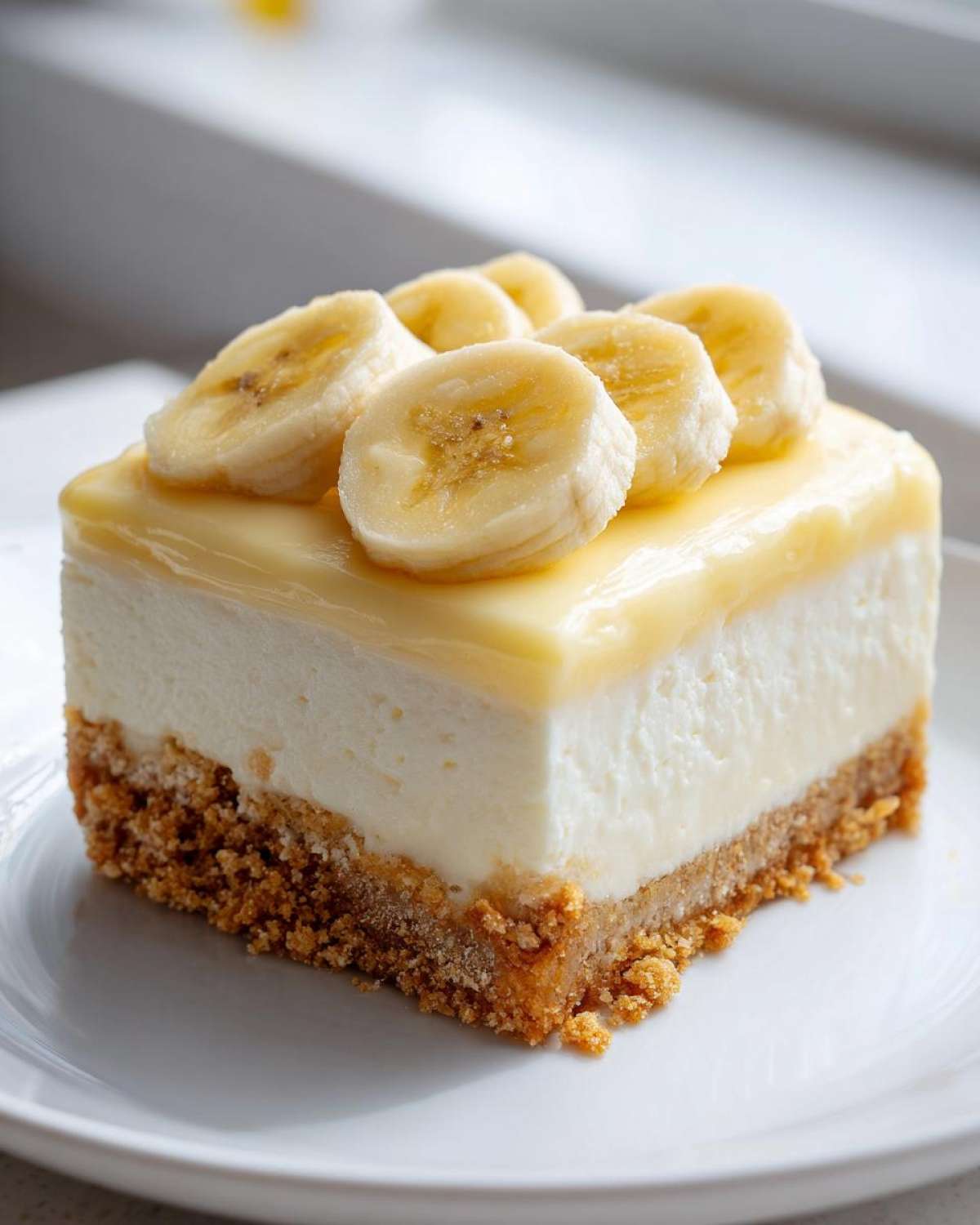 A single square of Banana Pudding Cheesecake Bars with a graham cracker crust and banana slices on top.