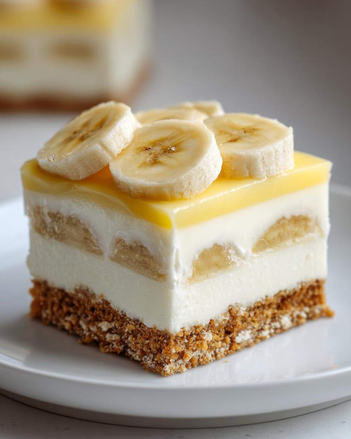 Close-up of a layered Banana Pudding Cheesecake Bars square with a graham cracker crust and fresh banana slices.