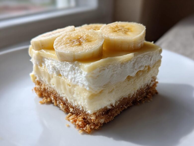 A single serving of Banana Pudding Cheesecake Bars featuring a graham cracker crust, creamy filling, whipped topping, and fresh banana slices.