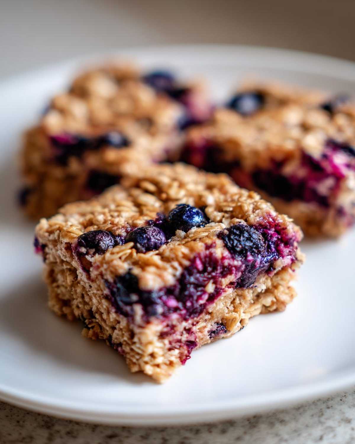 Close-up of a thick, square serving of Blueberry Baked Oatmeal Squares showing oats and burst blueberries.