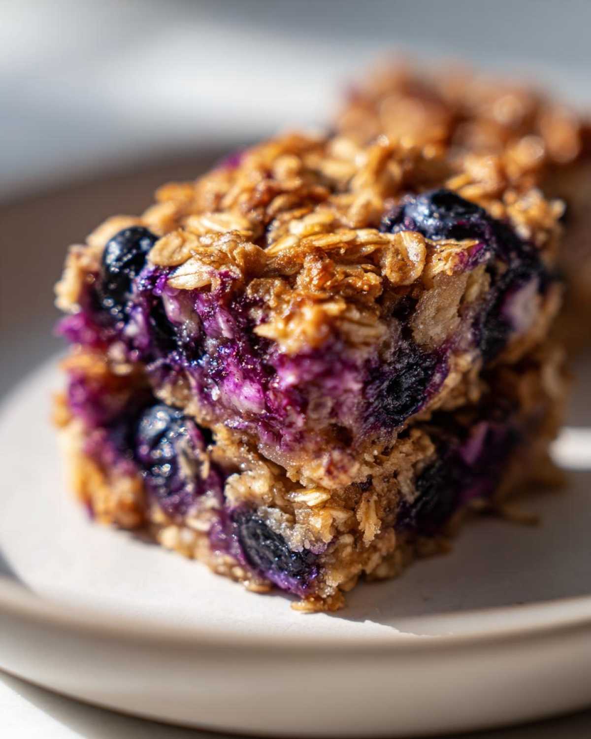 Close-up of two stacked Blueberry Baked Oatmeal Squares showing oats and burst blueberries.