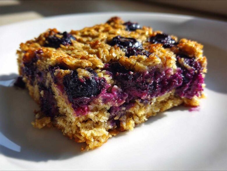 A close-up, sunlit view of one square of moist Blueberry Baked Oatmeal Squares on a white plate.