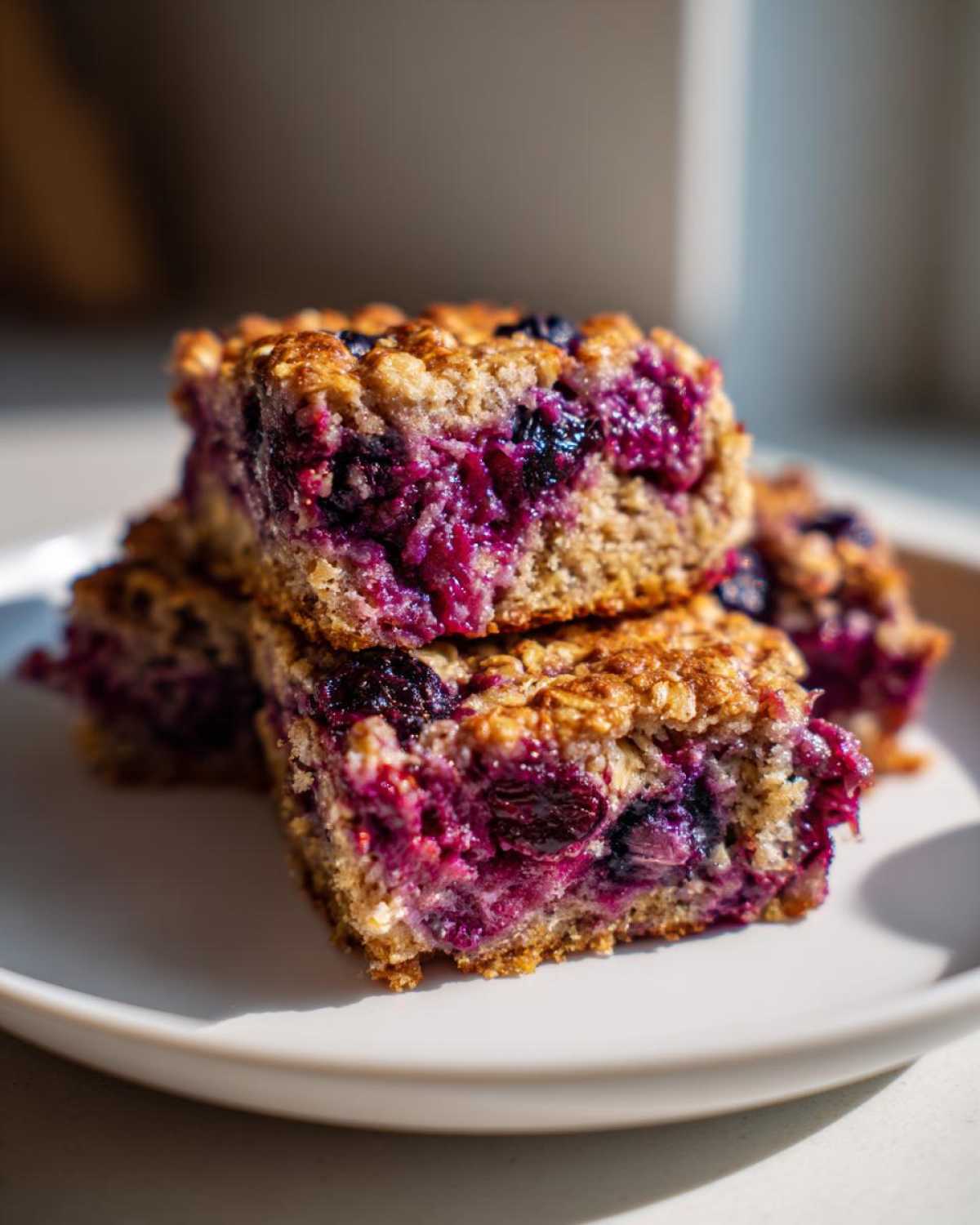 Close-up of stacked Blueberry Baked Oatmeal Squares showing the moist, purple interior packed with blueberries.