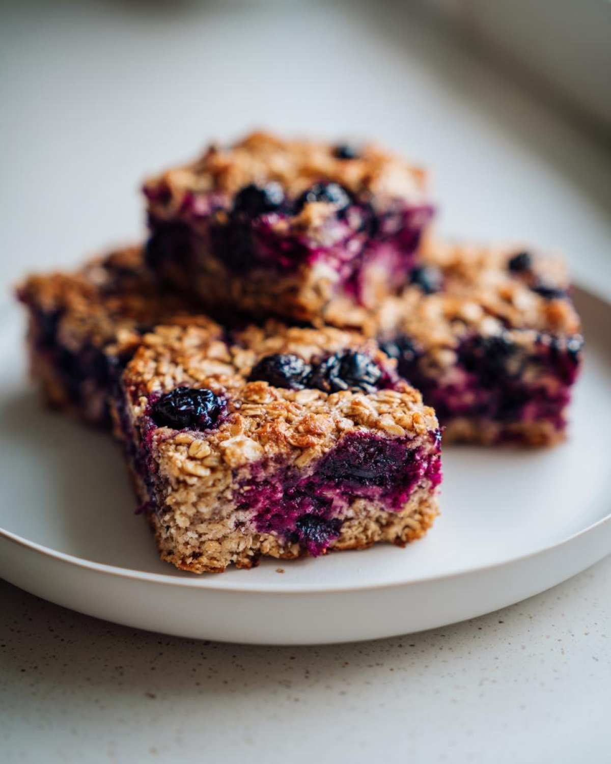 Three stacked Blueberry Baked Oatmeal Squares showing a thick layer of purple blueberry filling and oat topping.