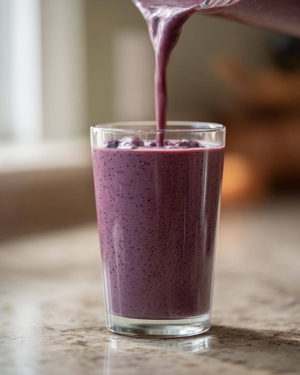 Thick, purple Blueberry Lemon Chia Smoothie being poured from a blender into a clear glass.