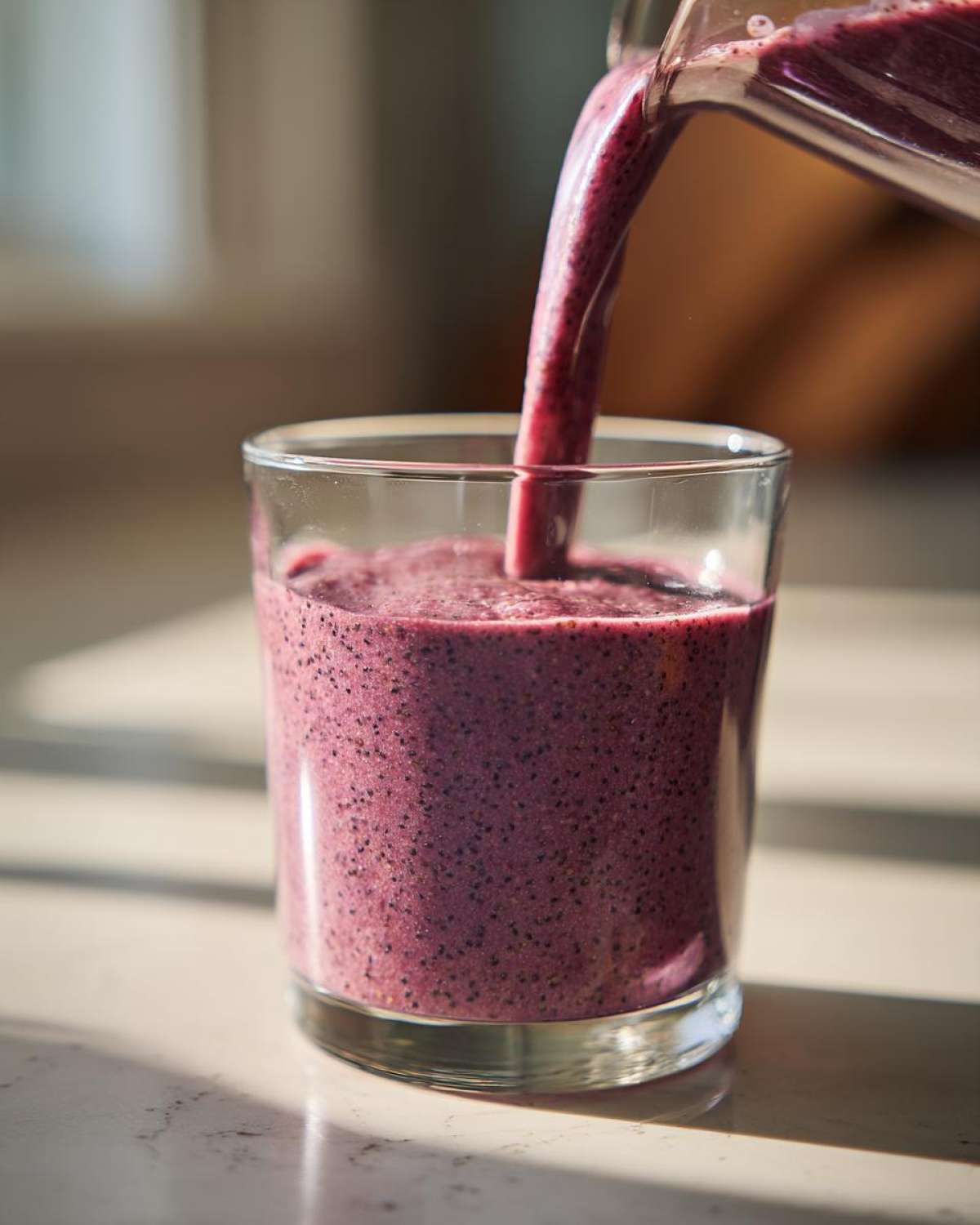 Pouring a thick, purple Blueberry Lemon Chia Smoothie from a blender pitcher into a clear glass.