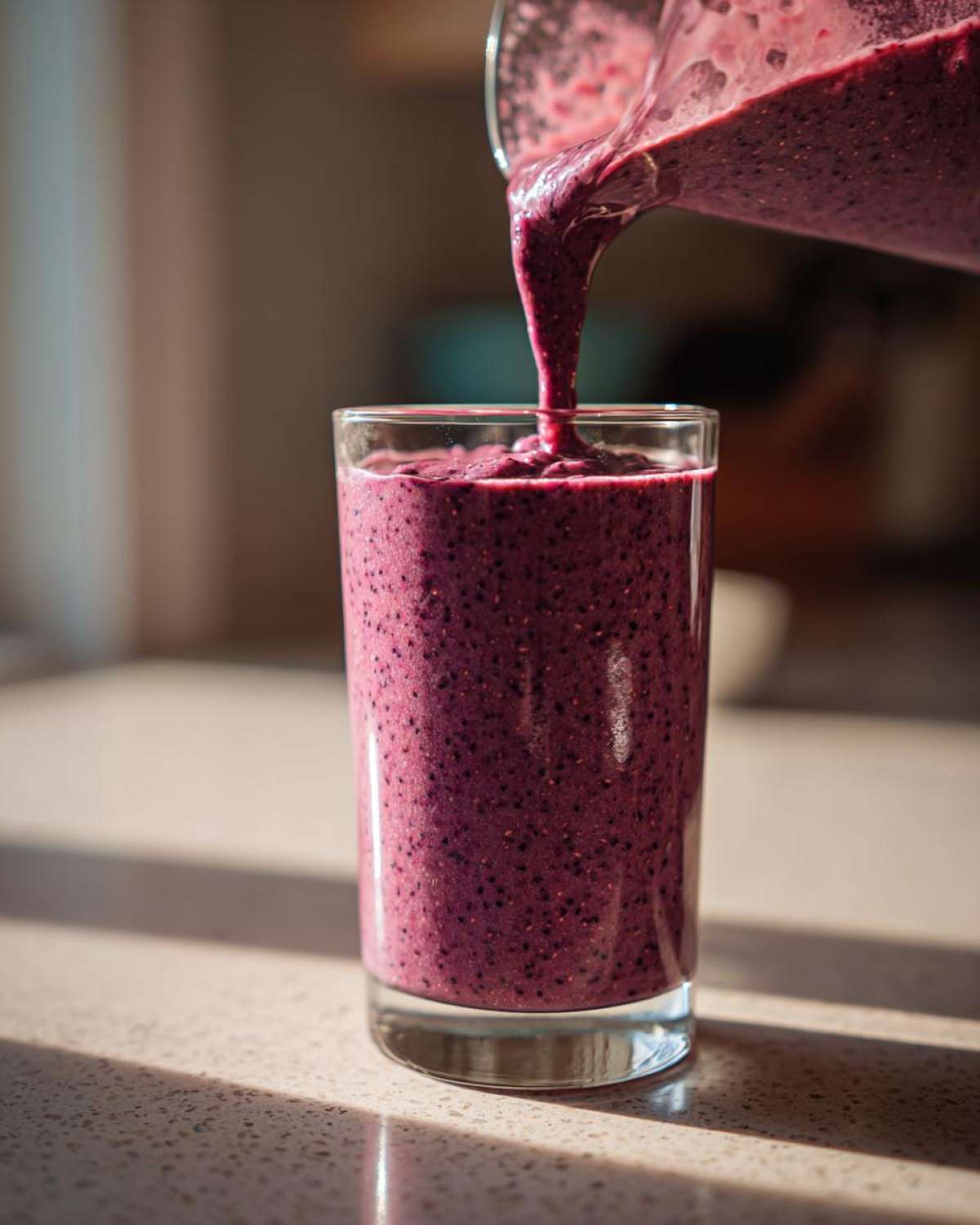 Pouring a thick, vibrant purple Blueberry Lemon Chia Smoothie from a blender pitcher into a tall glass.