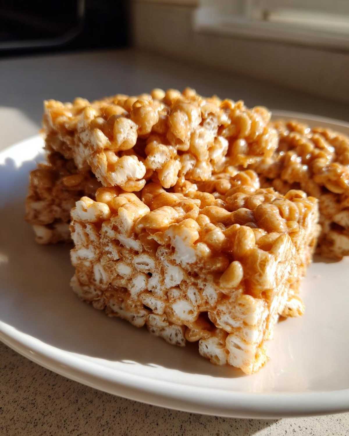 Close-up of chewy Brown Butter Rice Krispie Treat Bars stacked on a white plate, glistening in the sunlight.