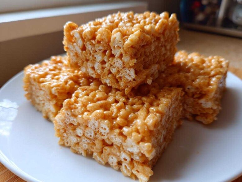 Four golden-brown squares of gooey Brown Butter Rice Krispie Treat Bars stacked slightly on a white plate.