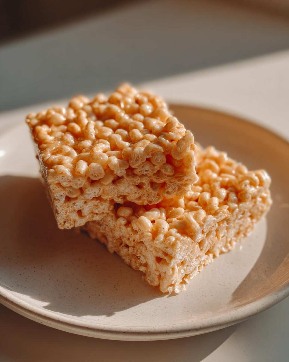 Two gooey, golden Brown Butter Rice Krispie Treat Bars stacked slightly on a speckled ceramic plate.