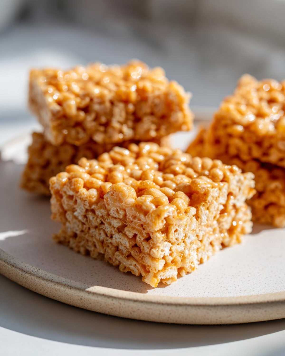 A stack of gooey, golden Brown Butter Rice Krispie Treat Bars sitting on a light-colored ceramic plate.