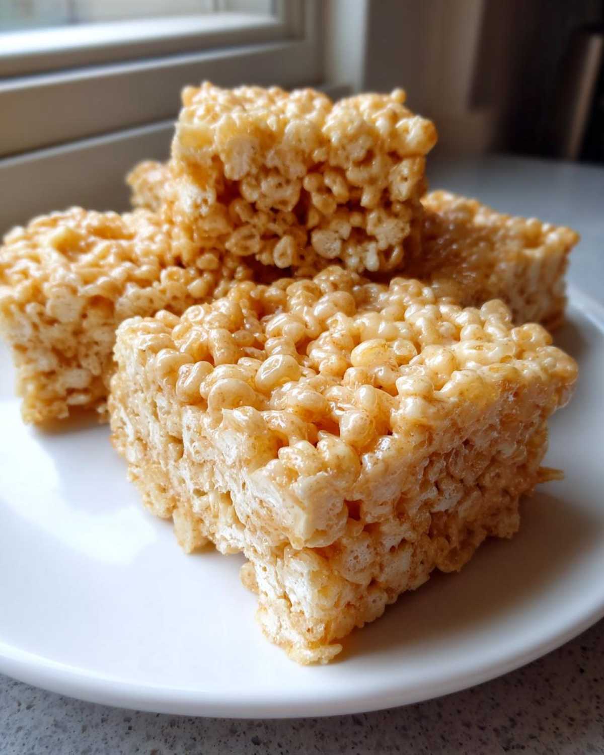 A stack of golden-brown Brown Butter Rice Krispie Treat Bars resting on a white plate near a window.