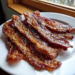 Crispy strips of Brown Sugar Glazed Bacon coated in glistening sugar crystals on a white plate.
