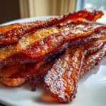 A stack of crispy, shiny Brown Sugar Glazed Bacon strips piled on a white plate.