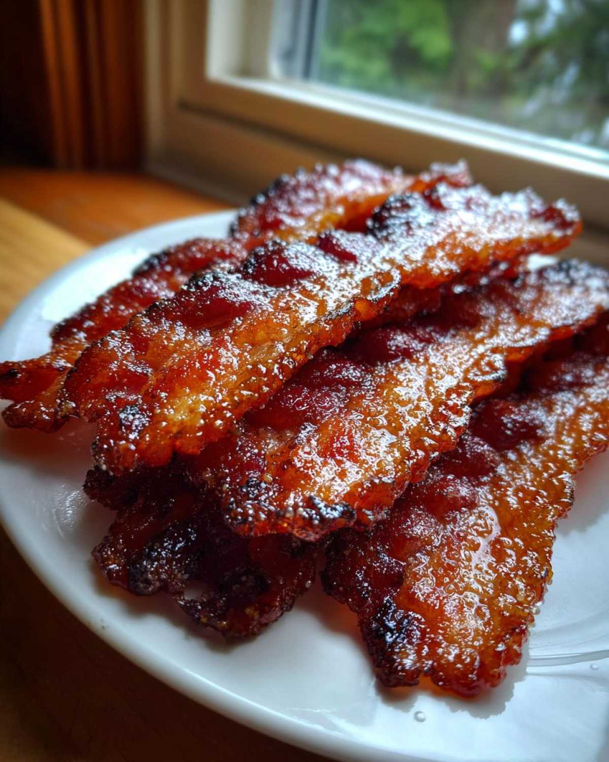 Close-up of crispy, caramelized Brown Sugar Glazed Bacon stacked on a white plate.