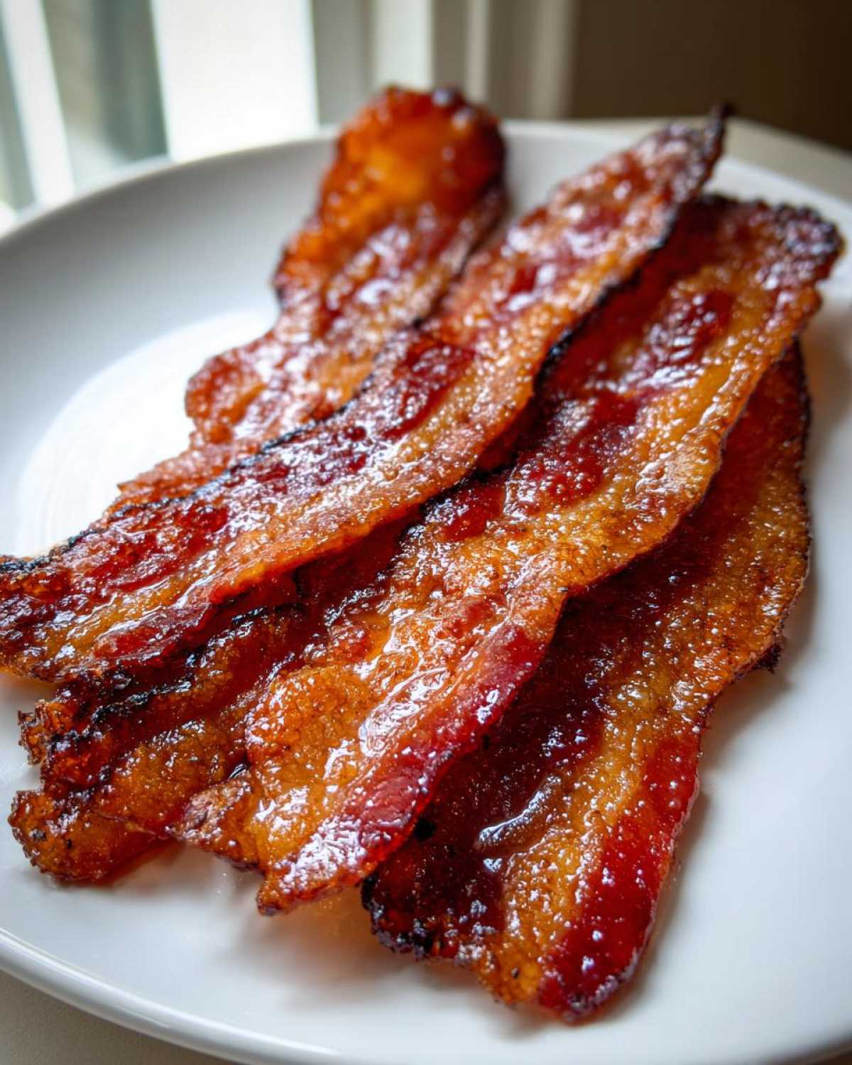 Four crispy strips of Brown Sugar Glazed Bacon piled on a white plate, glistening under light.