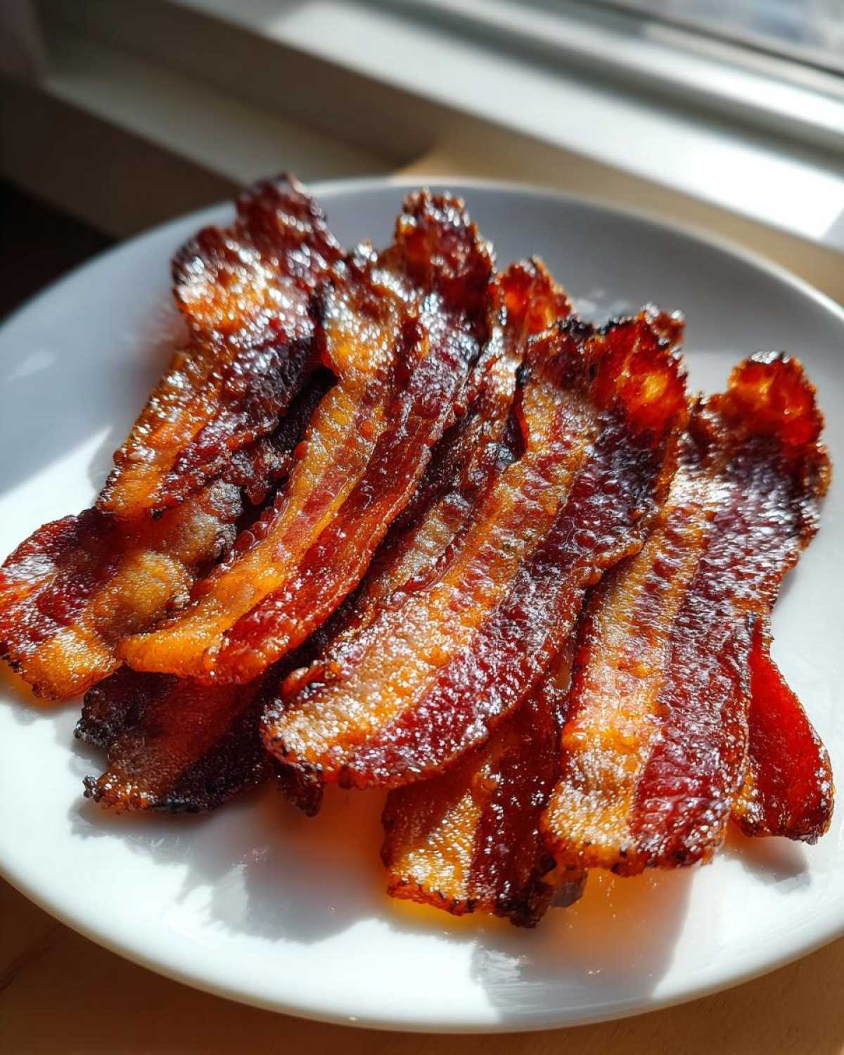 Close-up of several strips of crispy, caramelized Brown Sugar Glazed Bacon piled on a white plate.