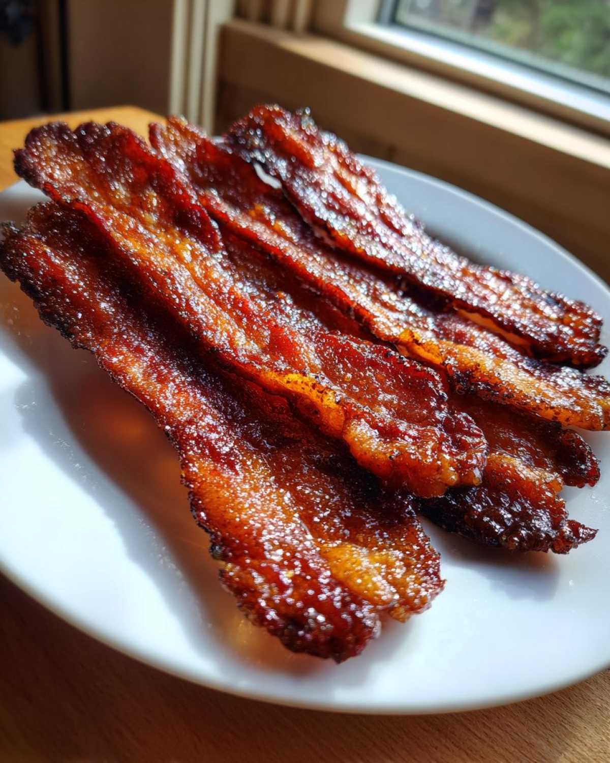 Several strips of shiny, caramelized Brown Sugar Glazed Bacon resting on a white plate.