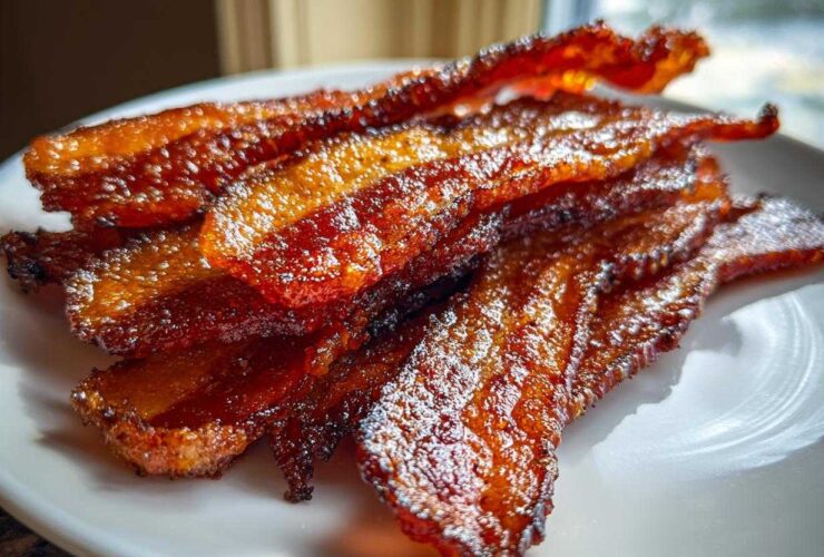 A stack of crispy, shiny Brown Sugar Glazed Bacon strips piled on a white plate.