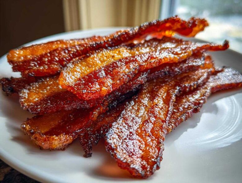 A stack of crispy, shiny Brown Sugar Glazed Bacon strips piled on a white plate.
