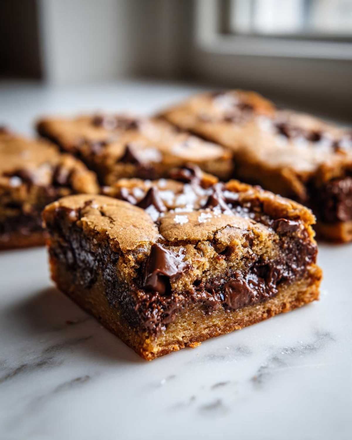 A close-up of a thick, chewy chocolate chip cookie bar with melted chocolate chunks and sea salt flakes.
