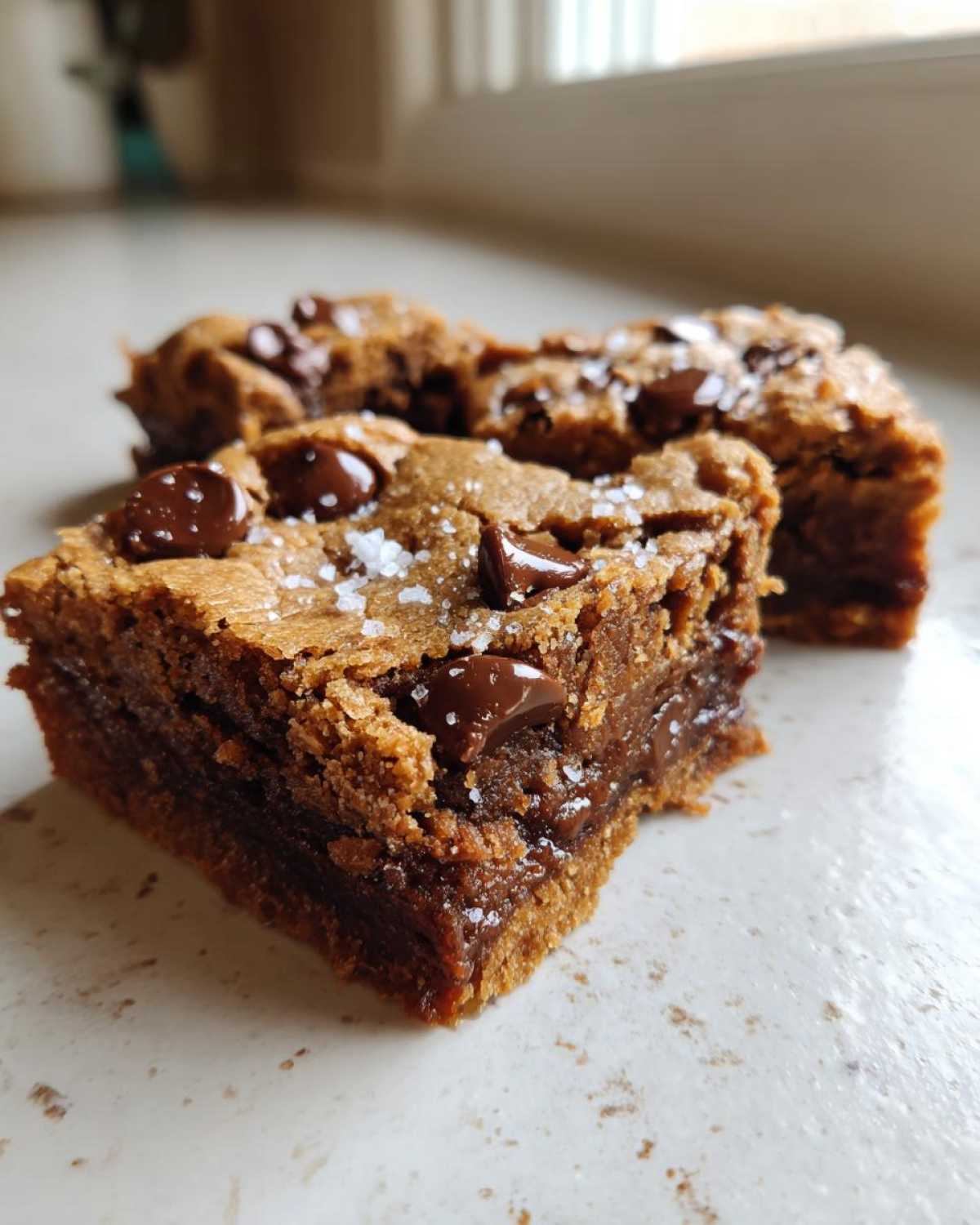A close-up of a fudgy, chewy chocolate chip cookie bars square topped with melted chocolate chips and flaky sea salt.