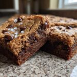 Two squares of Chewy Chocolate Chip Cookie Bars, topped with chocolate chips and flaky sea salt, showing a dense, gooey interior.