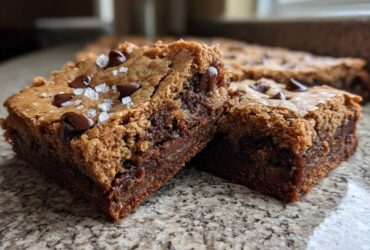 Two squares of Chewy Chocolate Chip Cookie Bars, topped with chocolate chips and flaky sea salt, showing a dense, gooey interior.