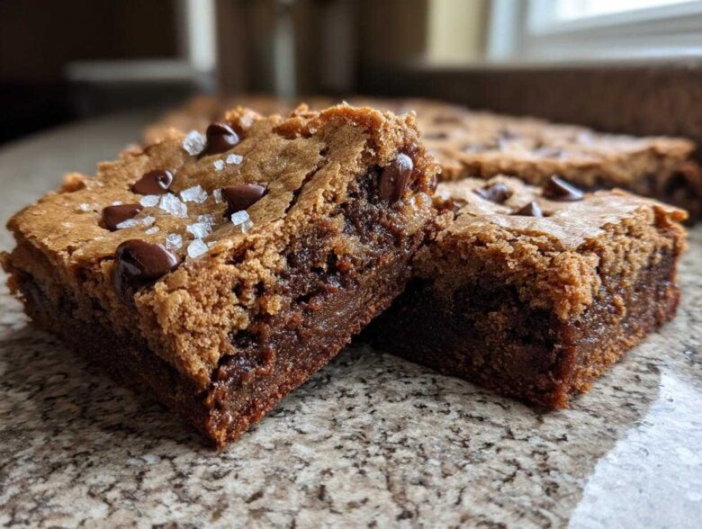 Two squares of Chewy Chocolate Chip Cookie Bars, topped with chocolate chips and flaky sea salt, showing a dense, gooey interior.