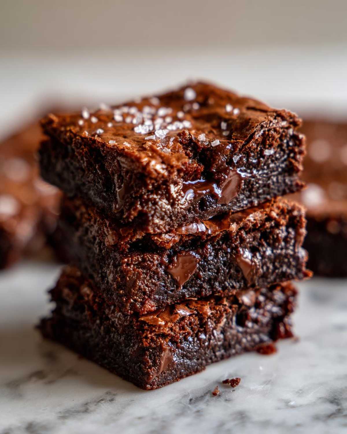 Stack of three rich, chewy chocolate chip cookie bars topped with flaky sea salt.