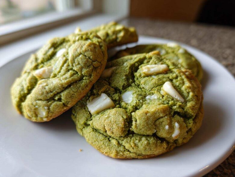 Close-up of three chewy matcha white chocolate cookies stacked slightly on a white plate.