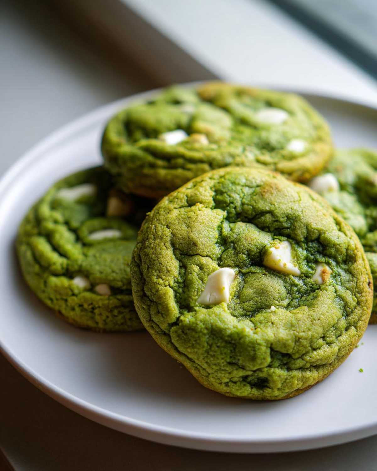 A stack of bright green, chewy matcha white chocolate cookies resting on a white plate.