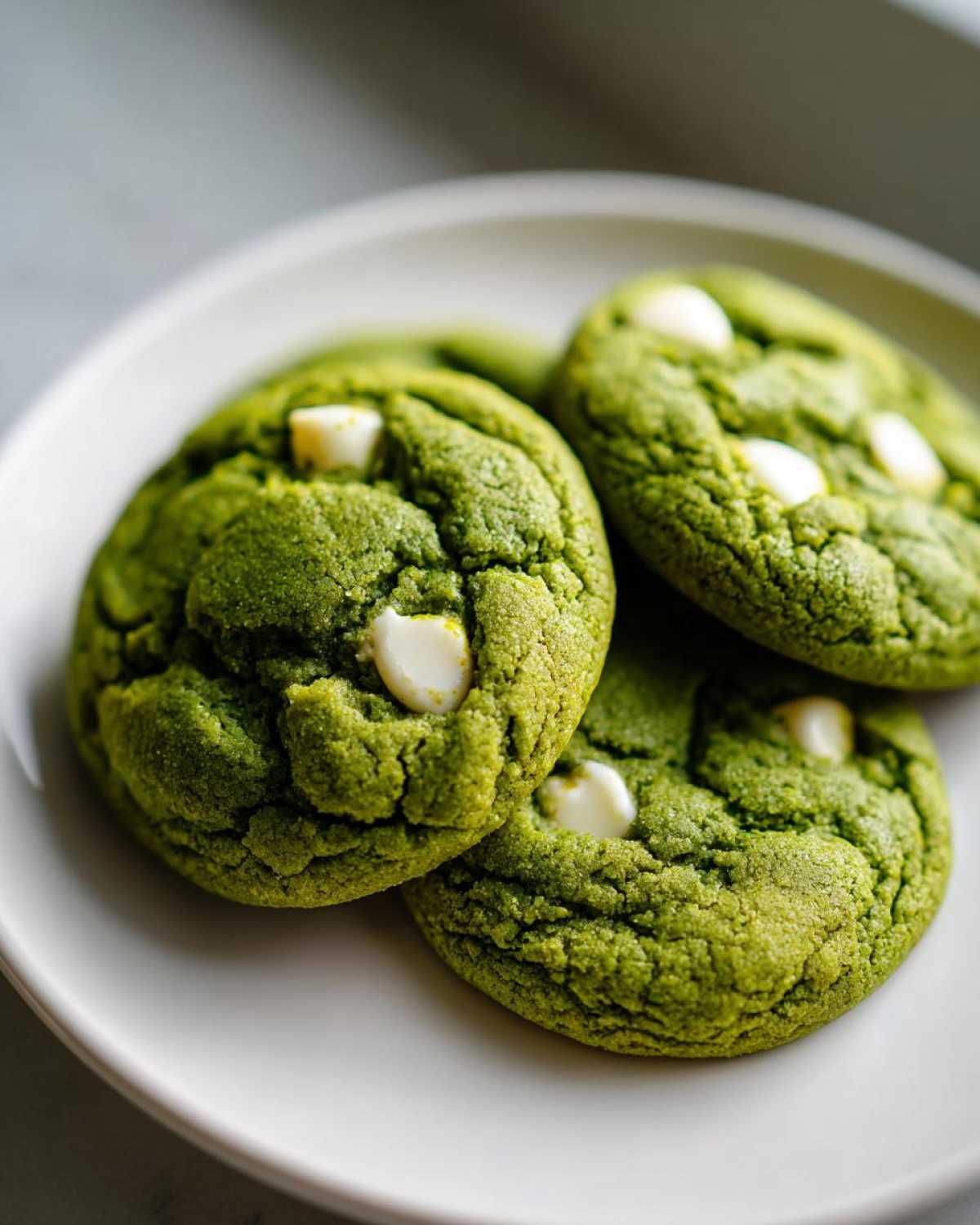Three vibrant green, chewy matcha white chocolate cookies resting on a white plate.