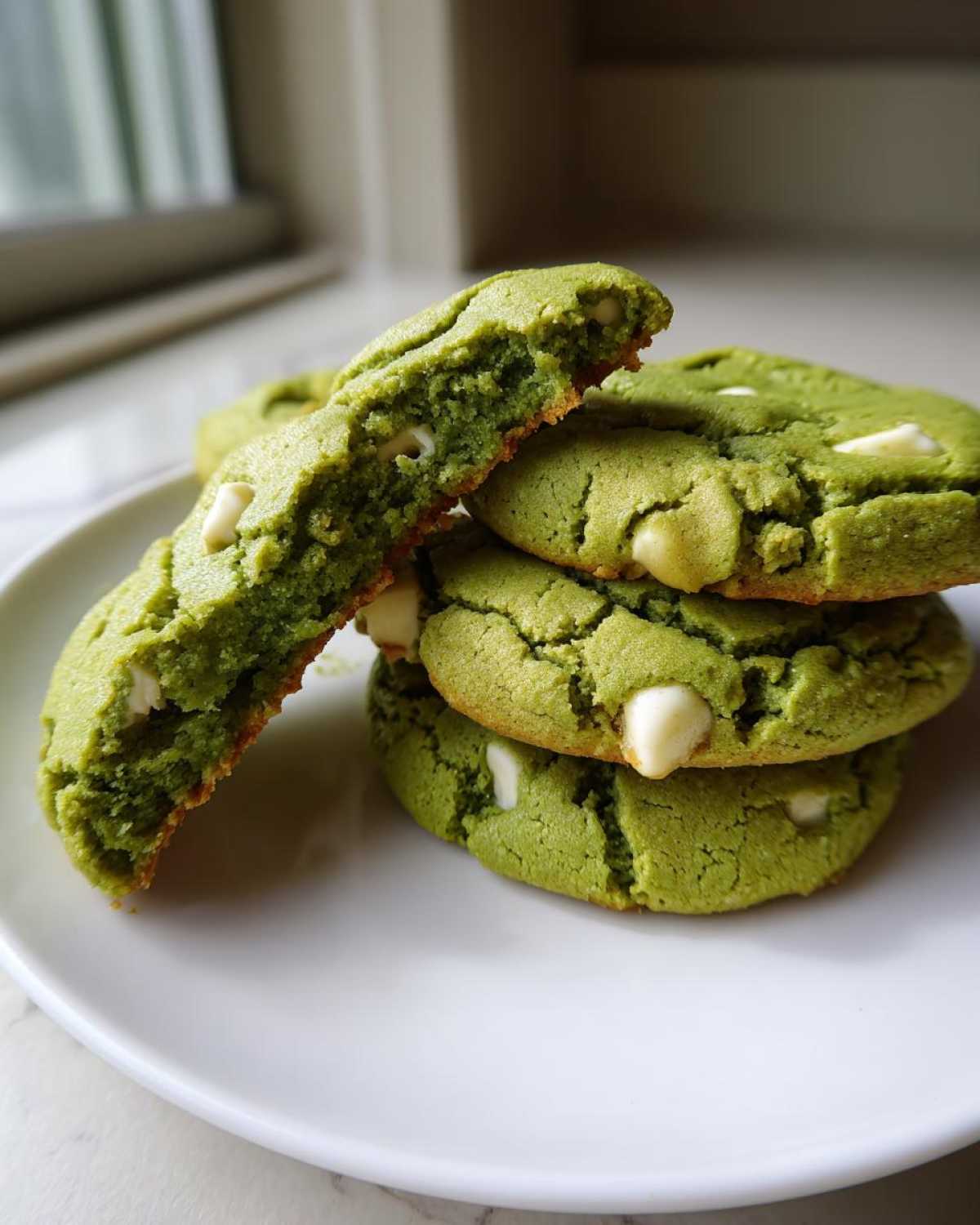 A stack of vibrant green Chewy Matcha White Chocolate Cookies, with one cookie broken open showing the soft, chewy interior.