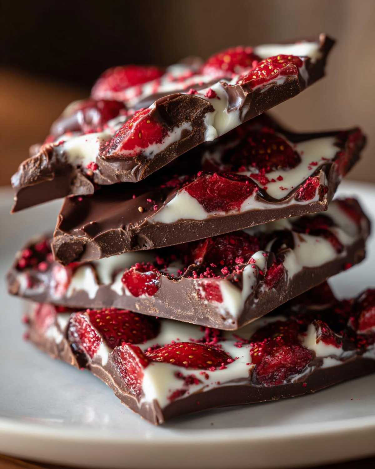 A stack of four broken pieces of two-layer Chocolate Covered Strawberry Bark showing dark chocolate, white chocolate, and dried strawberries.